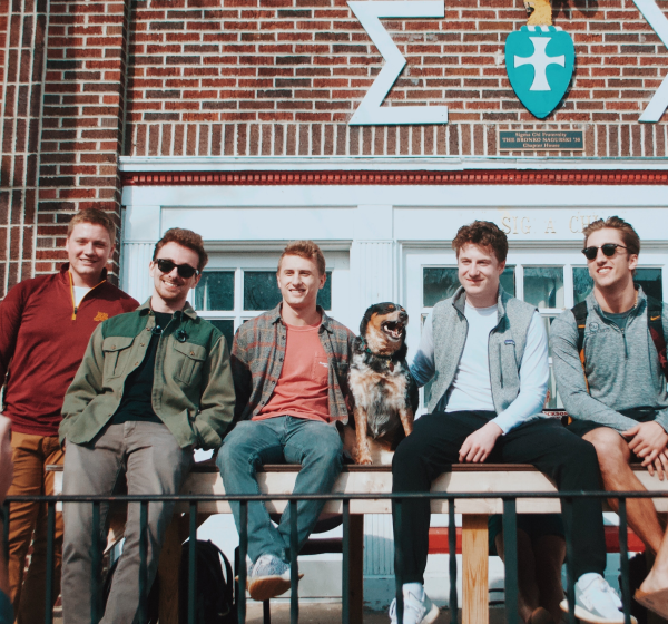 five young people and dog